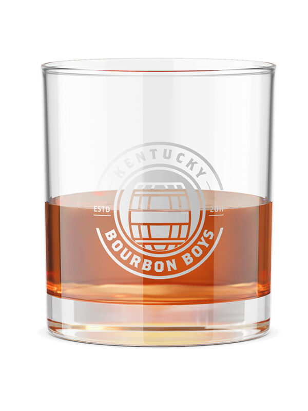 Kentucky Bourbon Boys Etched Rocks Glass with Bourbon