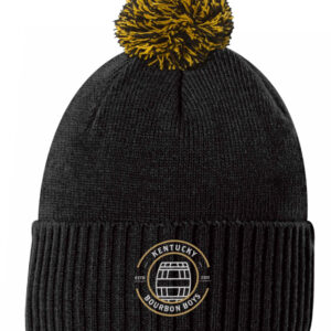 Black knit pom hat with ribbed cuff and embroidered Kentucky Bourbon Boys patch.  
