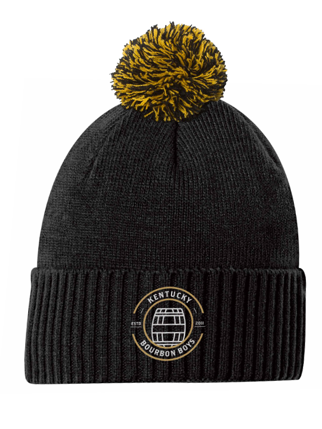 Black knit pom hat with ribbed cuff and embroidered Kentucky Bourbon Boys patch.  