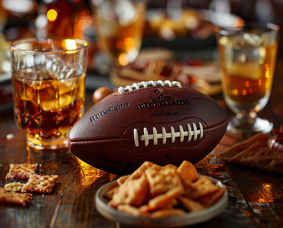 football bourbon and snacks